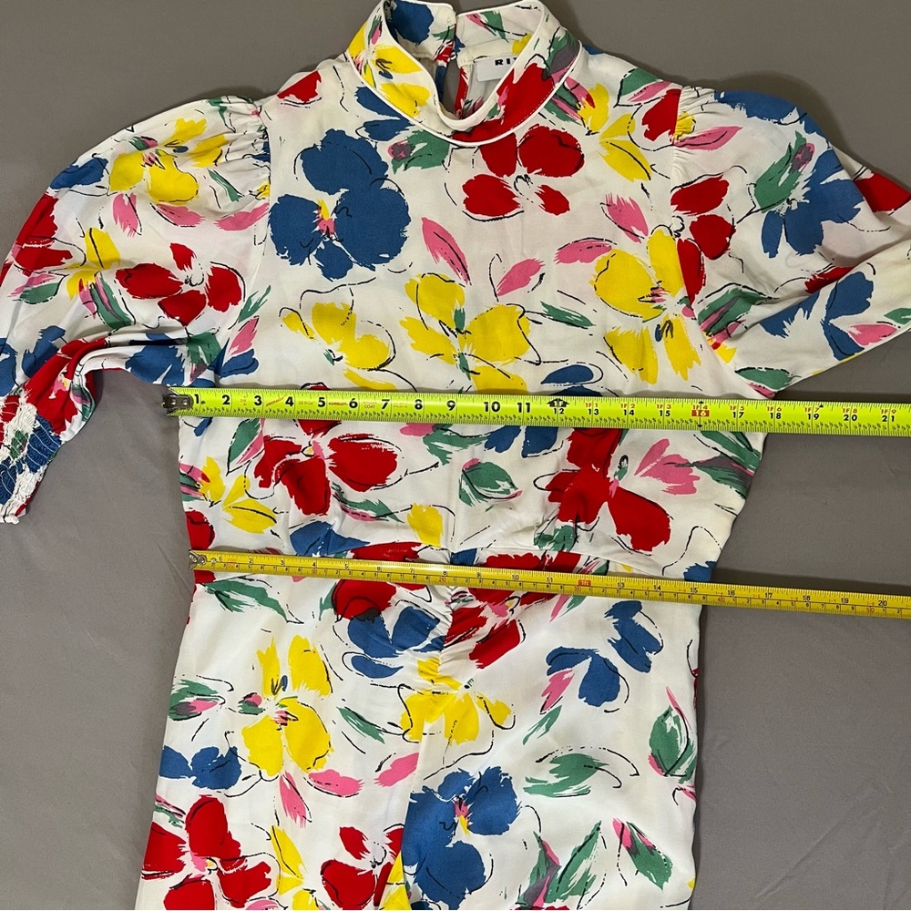 Rixo white Floral multicolored Mock Neck Cascade Ruffle Dress short sleeves sz 6 - Picture 14 of 16